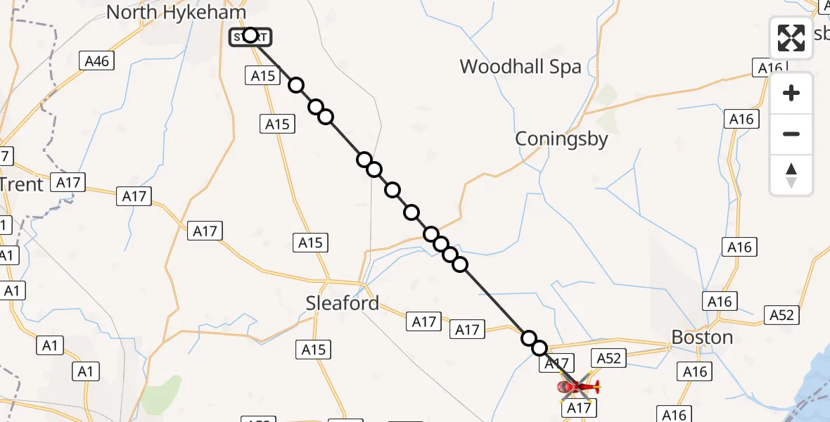 Flight route Air Ambulance Helicopter RAF Waddington - Boston, 09 June 2026, 08:16