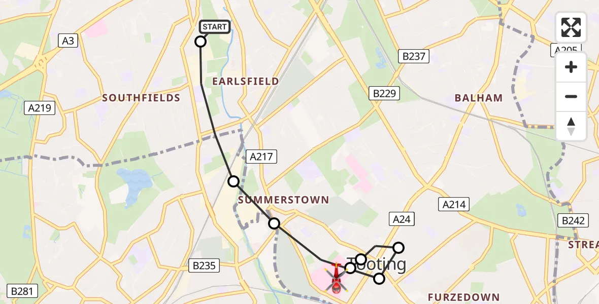 Flight route Air Ambulance Helicopter Wandsworth - St Georges Hospital, 09 June 2026, 08:18