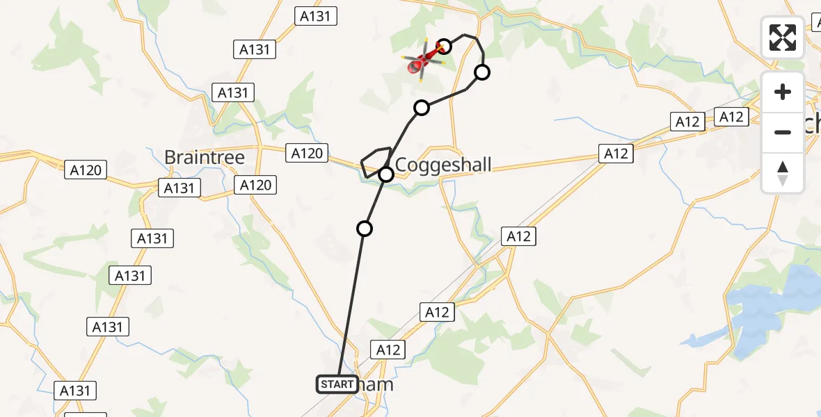 Flight route Air Ambulance Helicopter Witham - Earls Colne Airfield, 09 June 2026, 08:26