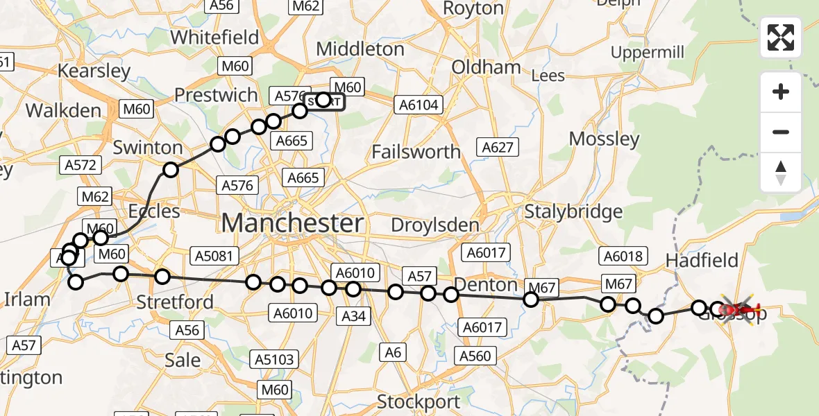 Flight route Air Ambulance Helicopter Blackley - Glossop, 09 June 2026, 08:34