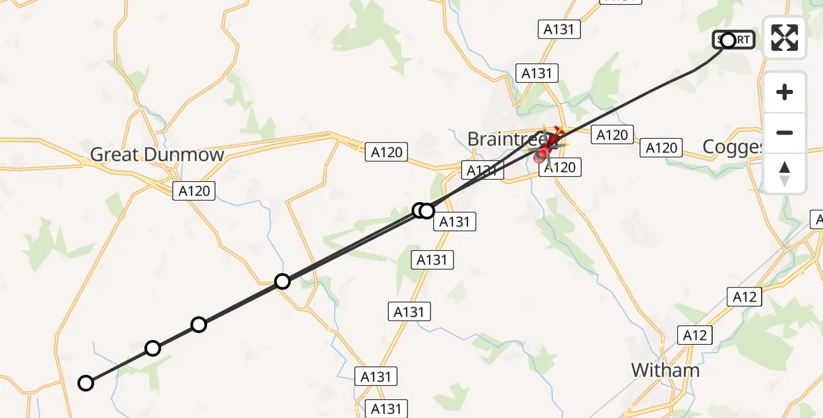 Flight route Air Ambulance Helicopter Earls Colne Airfield - Braintree, 09 June 2026, 08:38