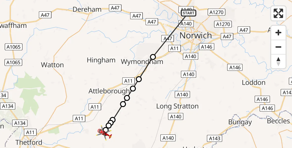 Flight route Air Ambulance Helicopter Norwich Airport - Kenninghall, 09 June 2026, 08:46