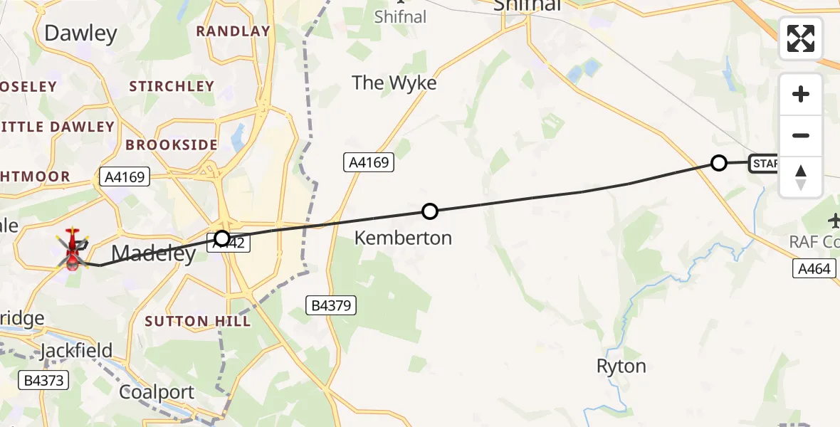 Flight route Air Ambulance Helicopter RAF Cosford - Madeley, 09 June 2026, 08:55