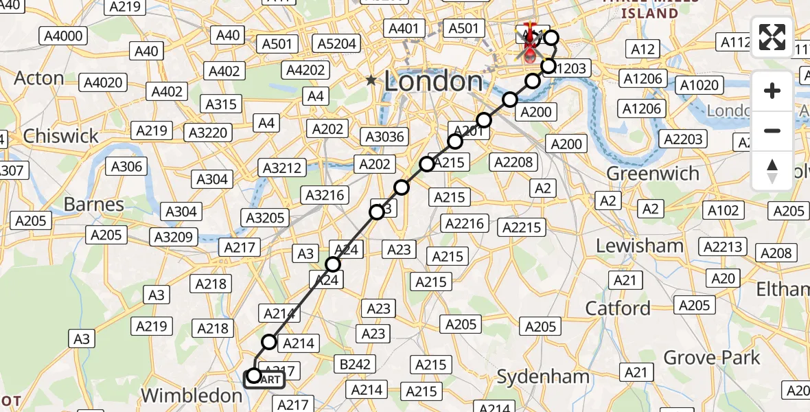 Flight route Air Ambulance Helicopter St Georges Hospital - Royal London Hospital, 09 June 2026, 09:00