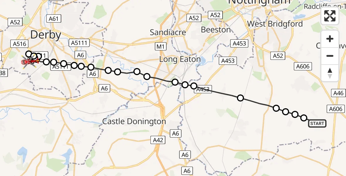 Flight route Air Ambulance Helicopter Widmerpool - Normanton, 09 June 2026, 09:03