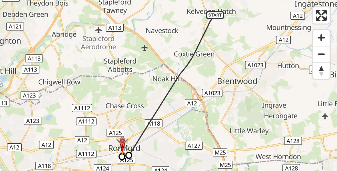 Flight route Air Ambulance Helicopter Brentwood - Rush Green, 09 June 2026, 09:15