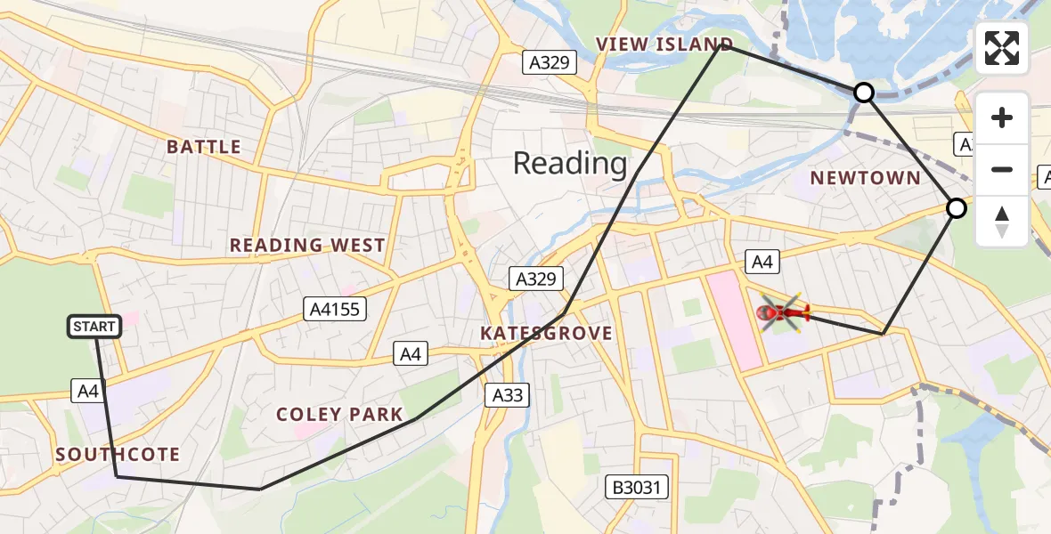 Flight route Air Ambulance Helicopter Reading - Reading, 09 June 2026, 09:20