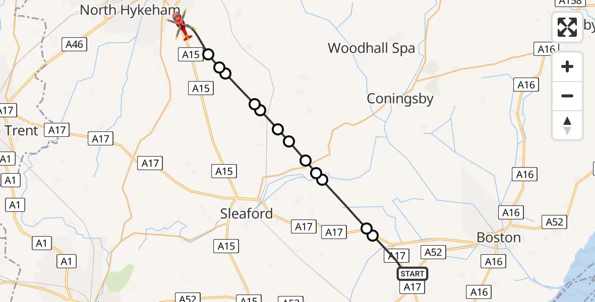 Flight route Air Ambulance Helicopter Boston - North Kesteven, 09 June 2026, 09:27