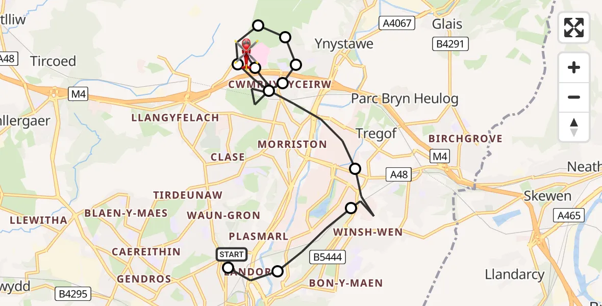 Flight route Air Ambulance Helicopter Plasmarl - Morriston Hospital Helipad, 09 June 2026, 09:40