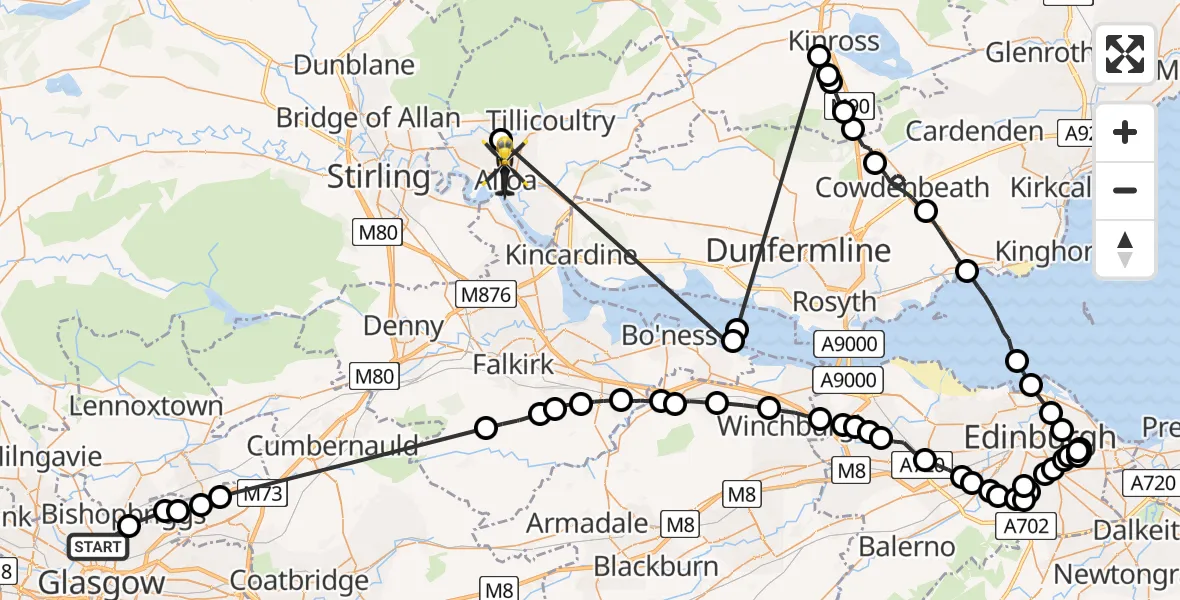 Flight route Police Helicopter Glasgow - Alloa, 09 June 2026, 09:46