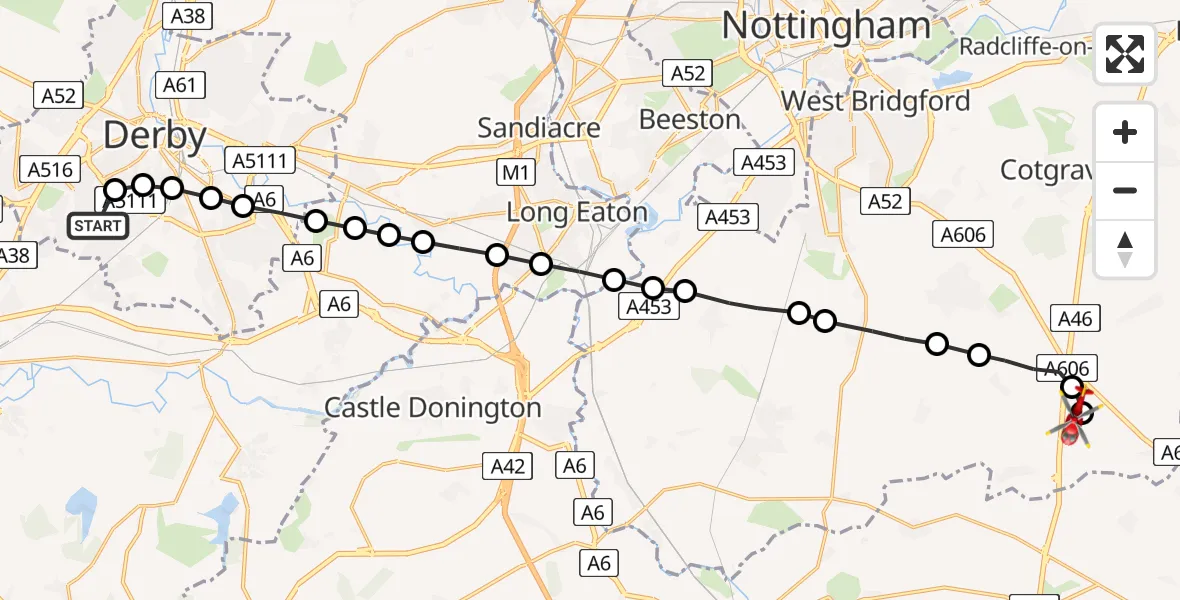 Flight route Air Ambulance Helicopter Sunny Hill - Nottingham Heliport, 09 June 2026, 09:51