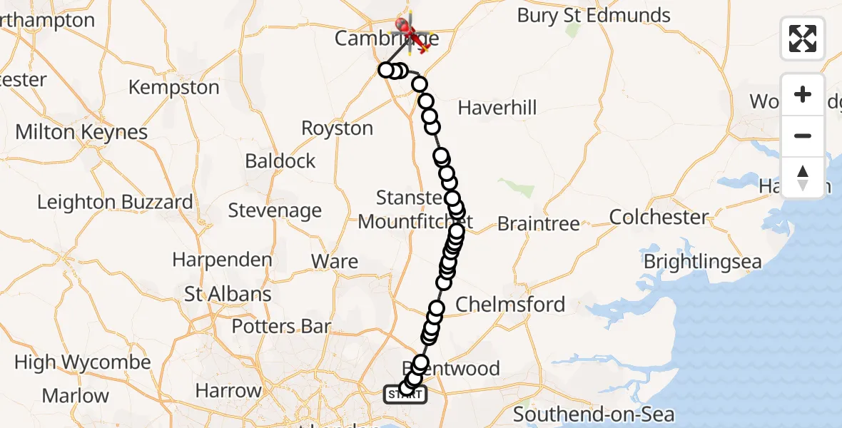 Flight route Air Ambulance Helicopter Rush Green - Fen Ditton, 09 June 2026, 10:04