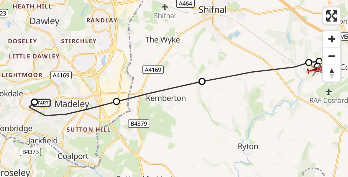 Flight route Air Ambulance Helicopter Madeley - Cosford, 09 June 2026, 10:14
