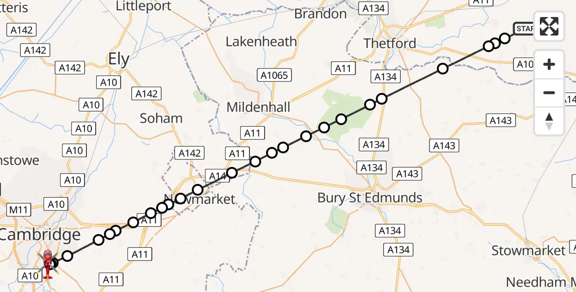 Flight route Air Ambulance Helicopter Kenninghall - Papworth Hospital, 09 June 2026, 10:16