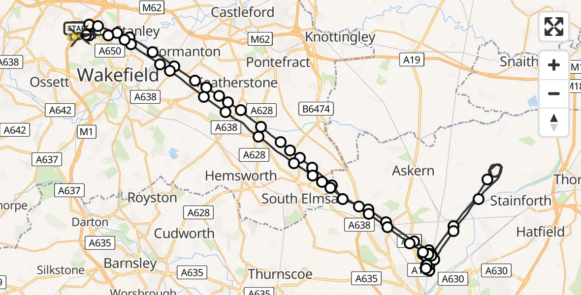 Flight route Police Helicopter East Ardsley - East Ardsley, 09 June 2026, 10:16