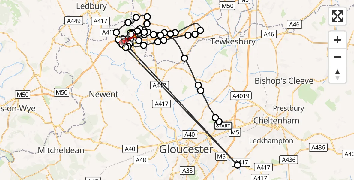Flight route Air Ambulance Helicopter Gloucestershire Airport - Bromesberrow Heath, 09 June 2026, 10:21