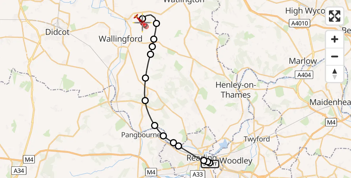 Flight route Air Ambulance Helicopter Royal Berkshire Hospital - RAF Benson, 09 June 2026, 10:24