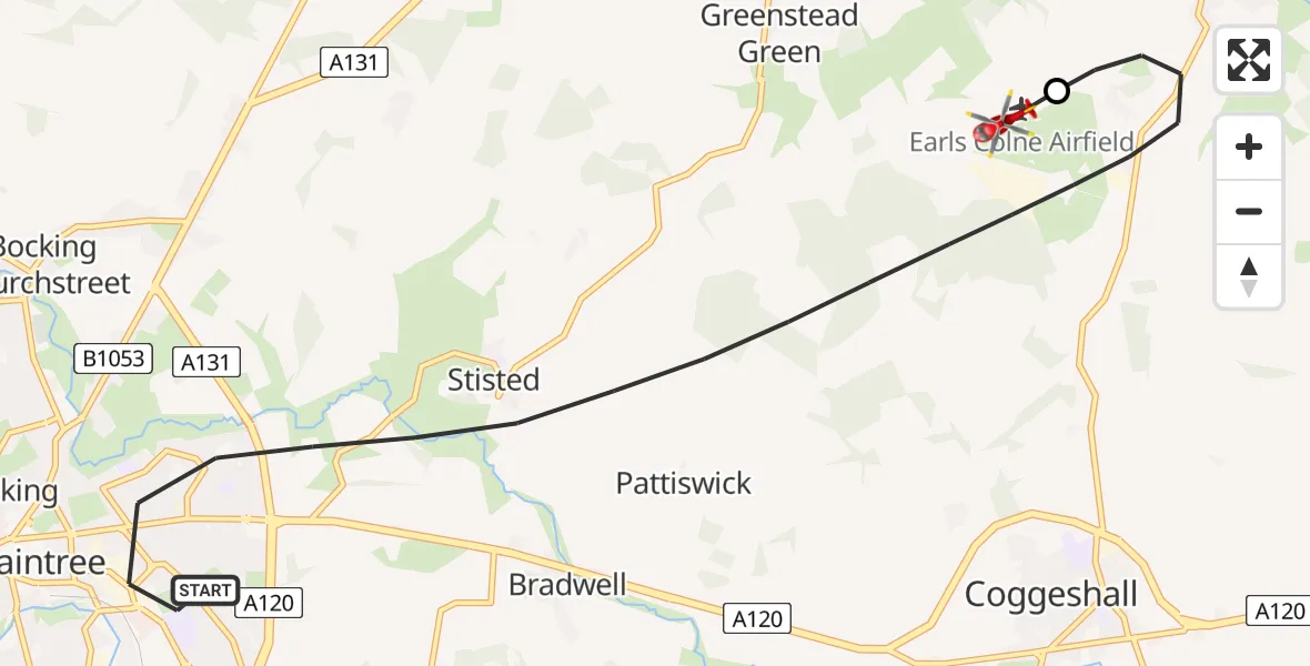 Flight route Air Ambulance Helicopter Braintree - Earls Colne Airfield, 09 June 2026, 10:25