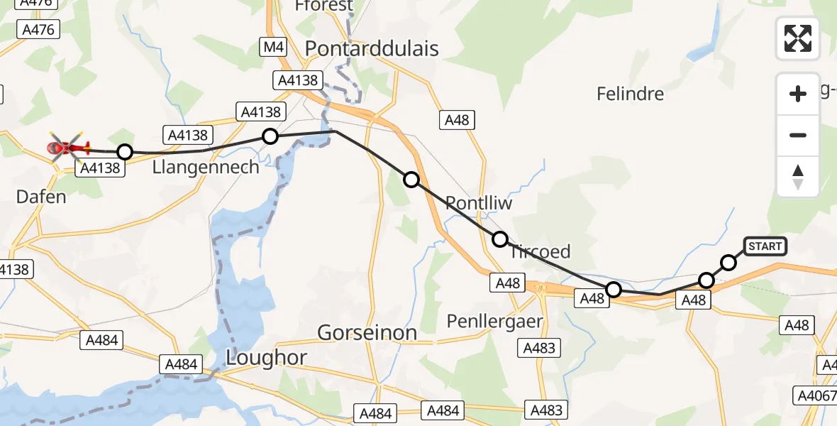 Flight route Air Ambulance Helicopter Morriston Hospital Helipad - Dafen, 09 June 2026, 10:32