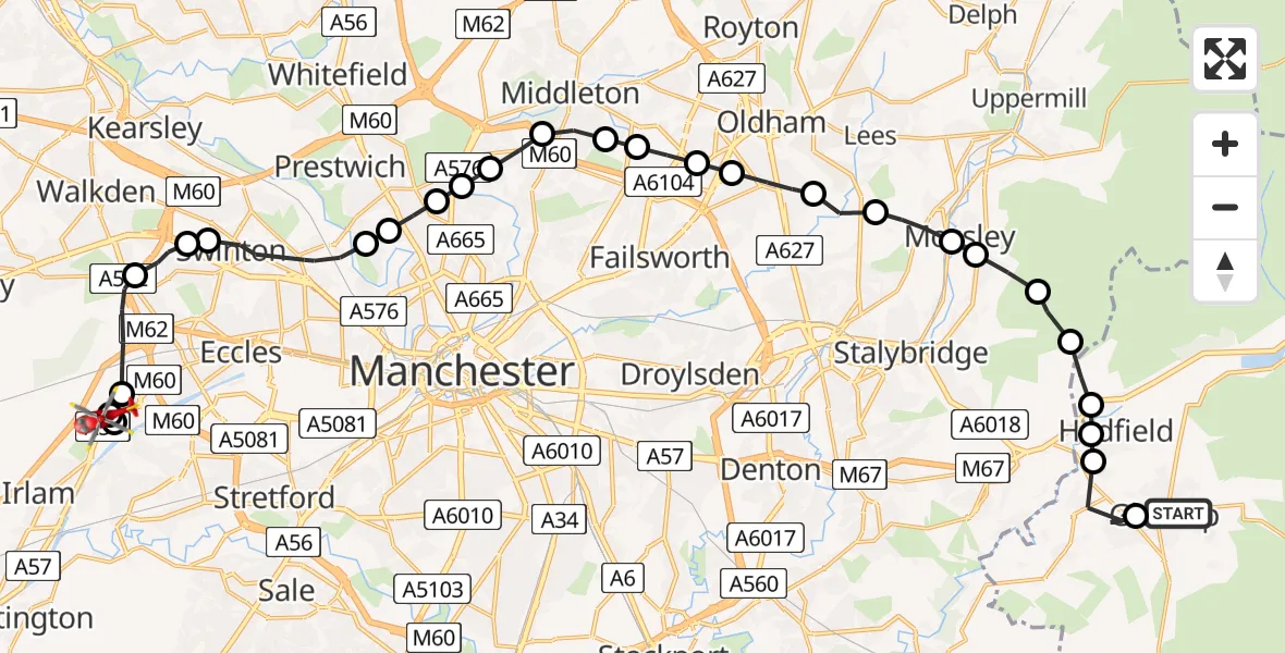 Flight route Air Ambulance Helicopter Glossop - Manchester Barton Aerodrome, 09 June 2026, 10:44