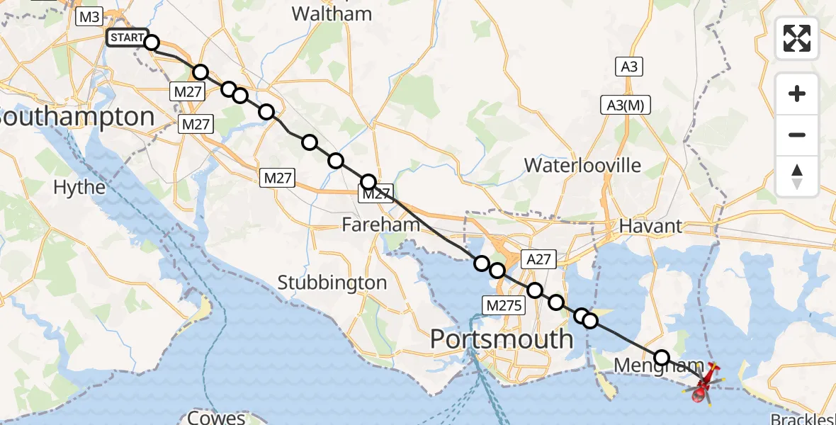 Flight route Air Ambulance Helicopter Southampton Airport - Mengham, 09 June 2026, 10:48