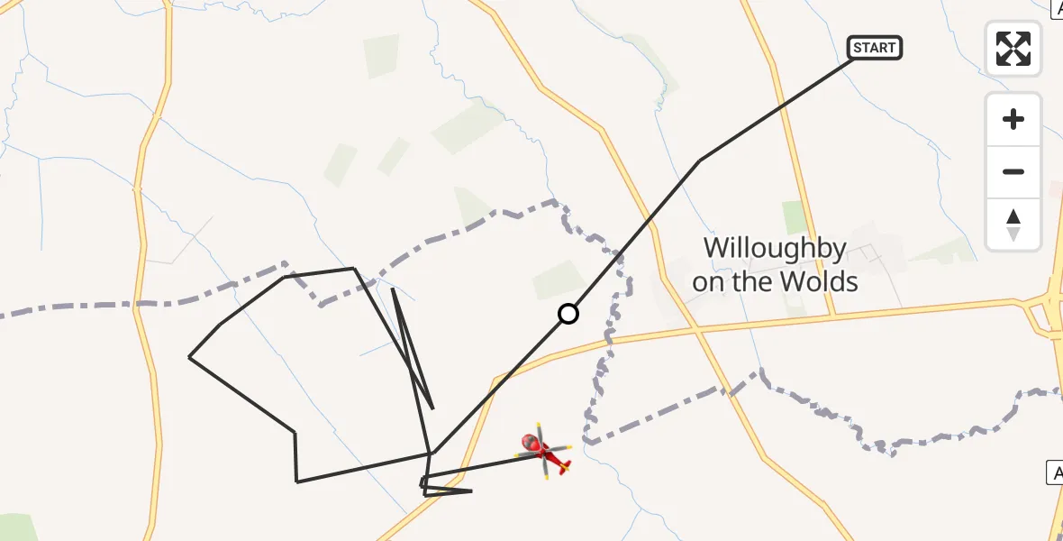 Flight route Air Ambulance Helicopter Willoughby on the Wolds - Wymeswold, 09 June 2026, 10:55