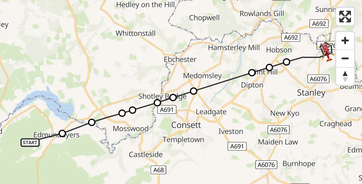 Flight route Air Ambulance Helicopter Muggleswick - Stanley, 09 June 2026, 10:58