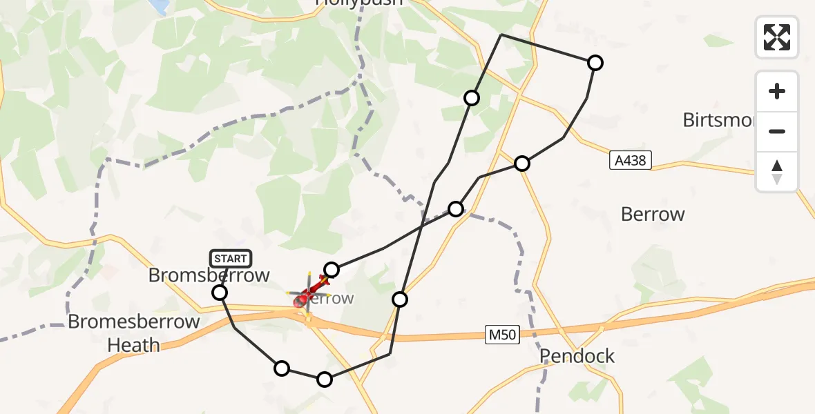 Flight route Air Ambulance Helicopter Bromsberrow - Berrow Airstrip, 09 June 2026, 10:59