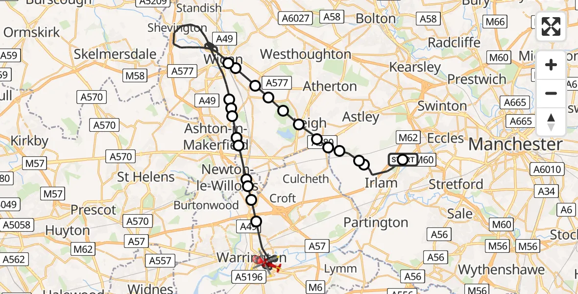 Flight route Air Ambulance Helicopter Manchester Barton Aerodrome - Warrington, 09 June 2026, 11:01