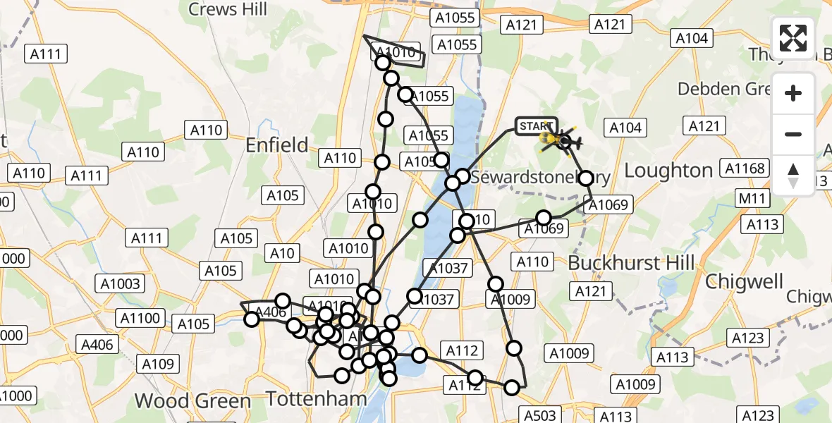 Flight route Police Helicopter Sewardstonebury - Metropolitan Police Air Support Unit Lippitts Hill, 09 June 2026, 11:12