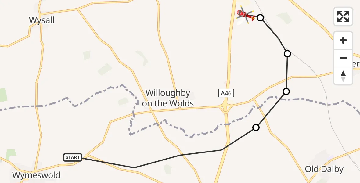 Flight route Air Ambulance Helicopter Wymeswold - Nottingham Heliport, 09 June 2026, 11:21