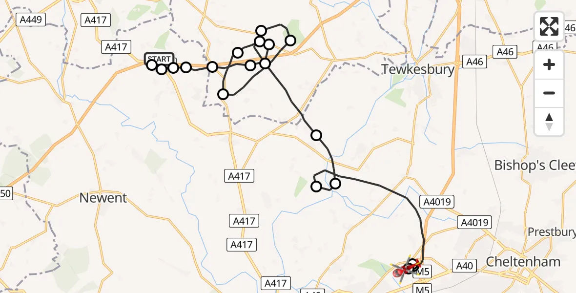 Flight route Air Ambulance Helicopter Berrow Airstrip - Gloucestershire Airport, 09 June 2026, 11:23