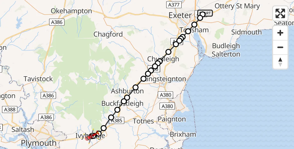 Flight route Air Ambulance Helicopter Exeter International Airport - Ivybridge, 09 June 2026, 11:23