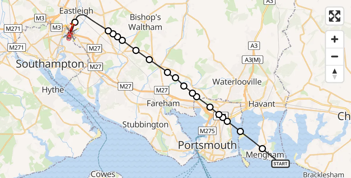 Flight route Air Ambulance Helicopter Mengham - Mansbridge, 09 June 2026, 11:27