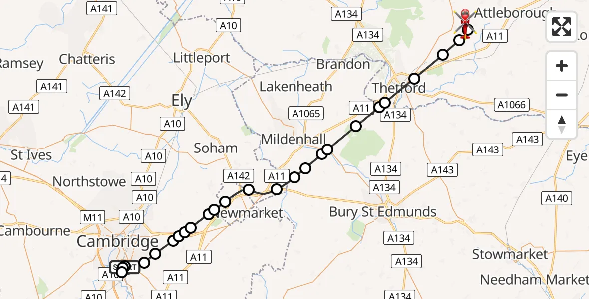 Flight route Air Ambulance Helicopter Papworth Hospital - Breckland, 09 June 2026, 11:44
