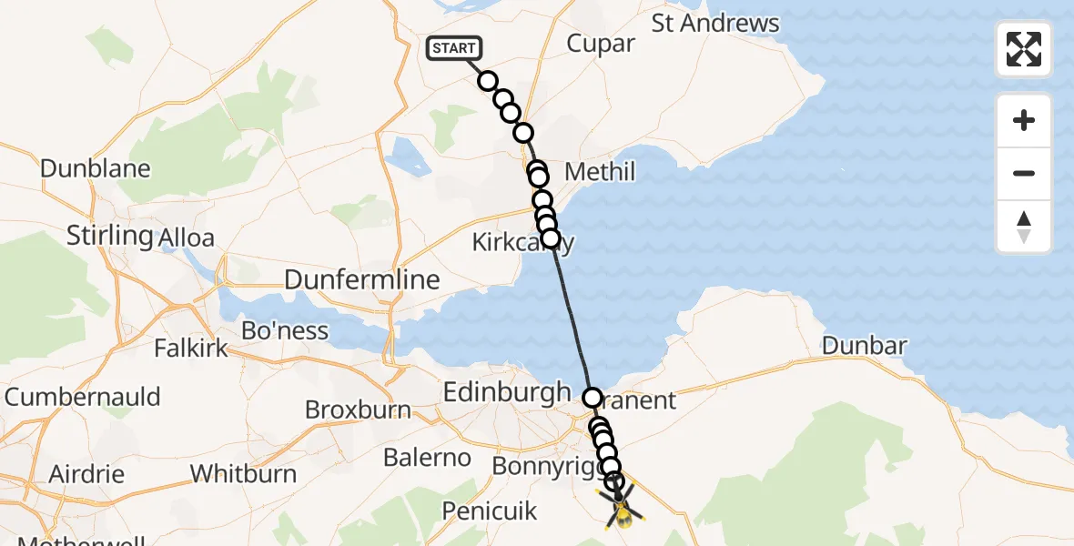 Flight route Police Helicopter Auchtermuchty - Crichton, 09 June 2026, 11:45