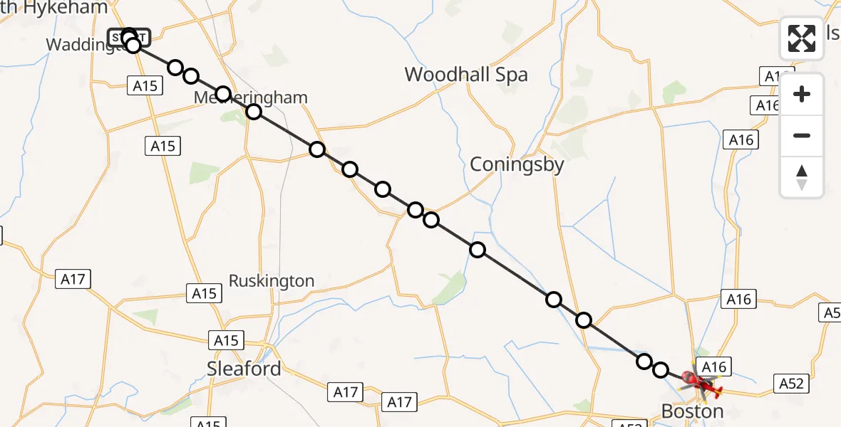 Flight route Air Ambulance Helicopter RAF Waddington - Boston, 09 June 2026, 11:53