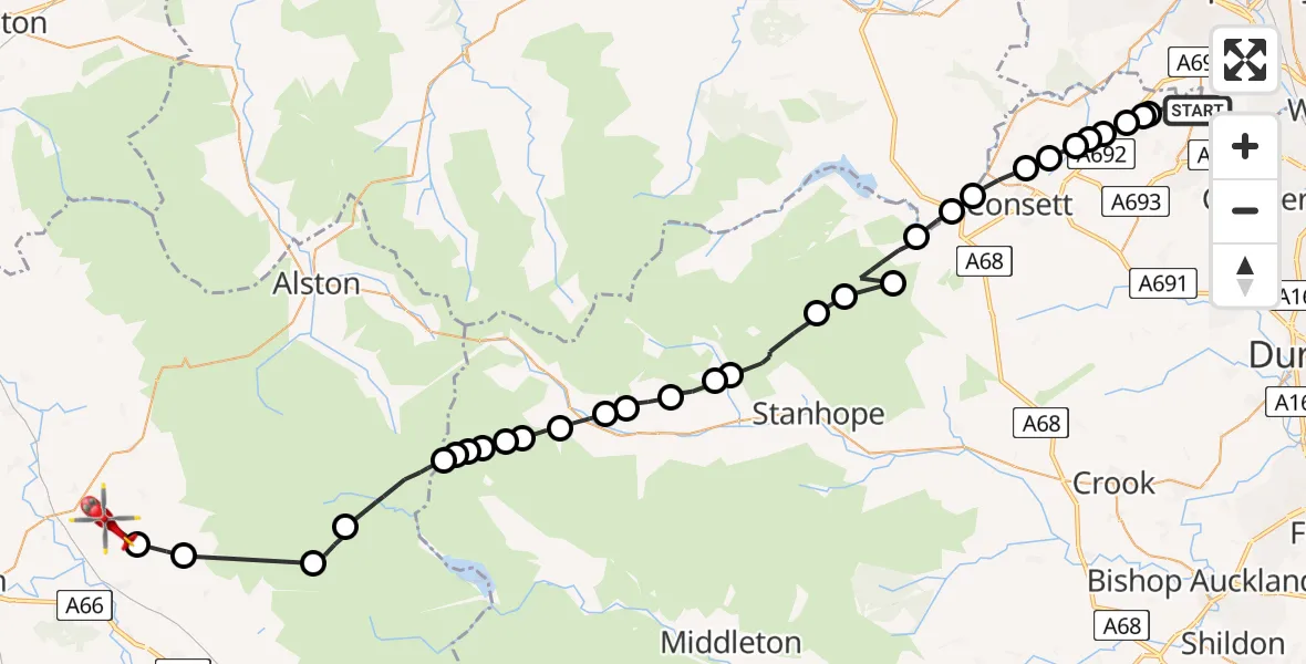 Flight route Air Ambulance Helicopter Stanley - Skirwith, 09 June 2026, 12:00