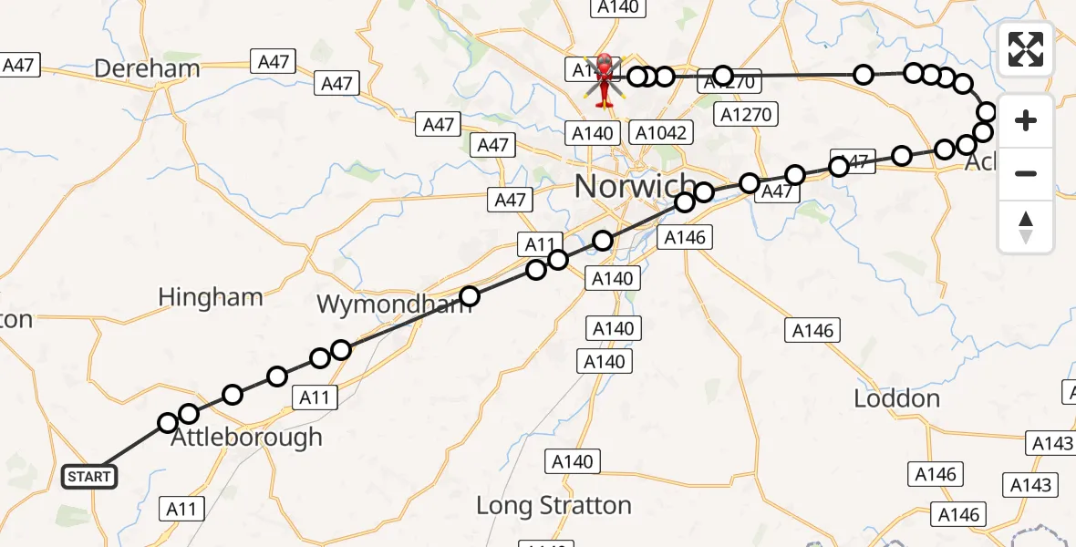 Flight route Air Ambulance Helicopter Great Hockham - Norwich Airport, 09 June 2026, 12:05