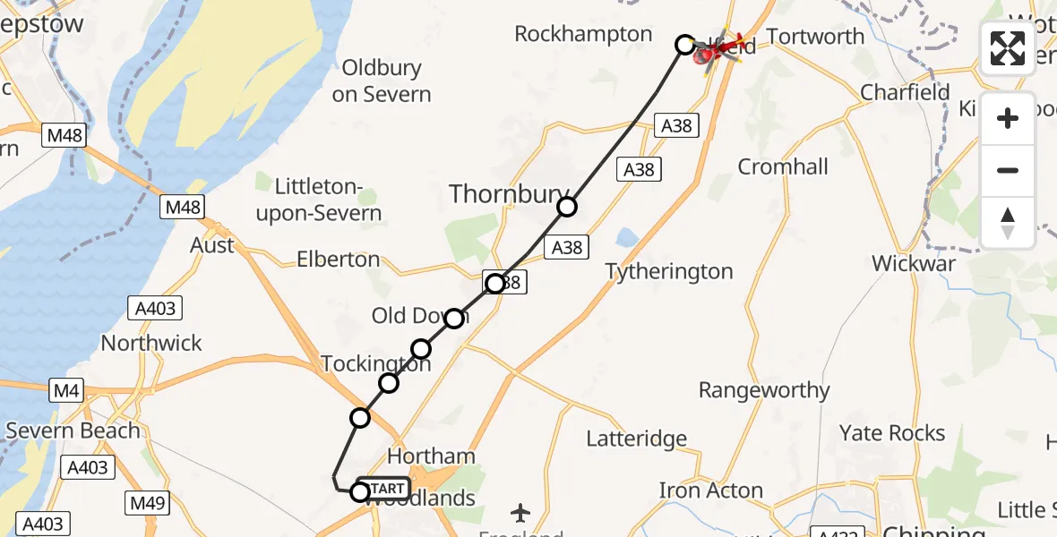 Flight route Air Ambulance Helicopter Almondsbury Helicopter Base - Falfield, 09 June 2026, 12:08