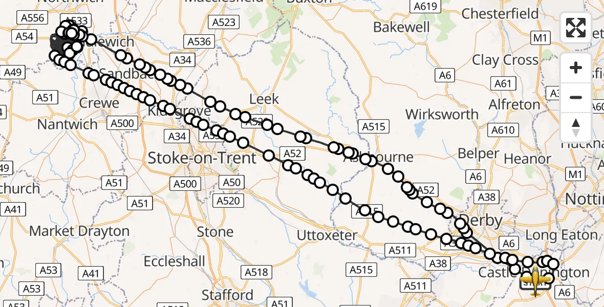 Flight route Police Aircraft East Midlands Airport - East Midlands Airport, 09 June 2026, 12:09