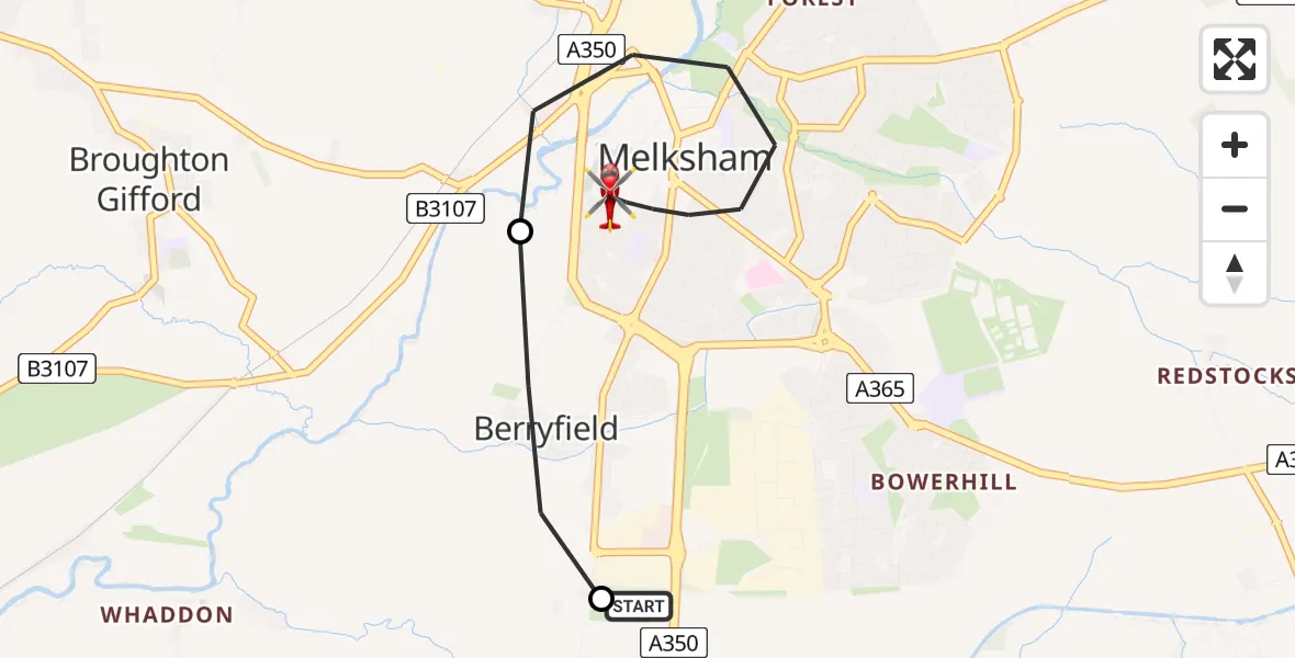 Flight route Air Ambulance Helicopter Wiltshire Air Ambulance - Melksham, 09 June 2026, 12:12