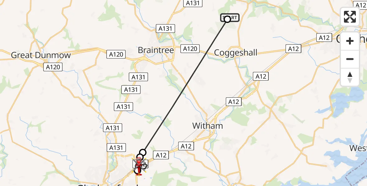 Flight route Air Ambulance Helicopter Earls Colne Airfield - Boreham, 09 June 2026, 12:11