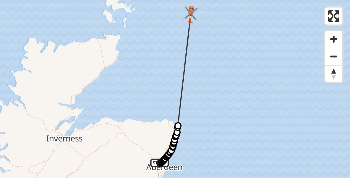Flight route Coastguard Helicopter Aberdeen International Airport - North Sea, 09 June 2026, 12:33