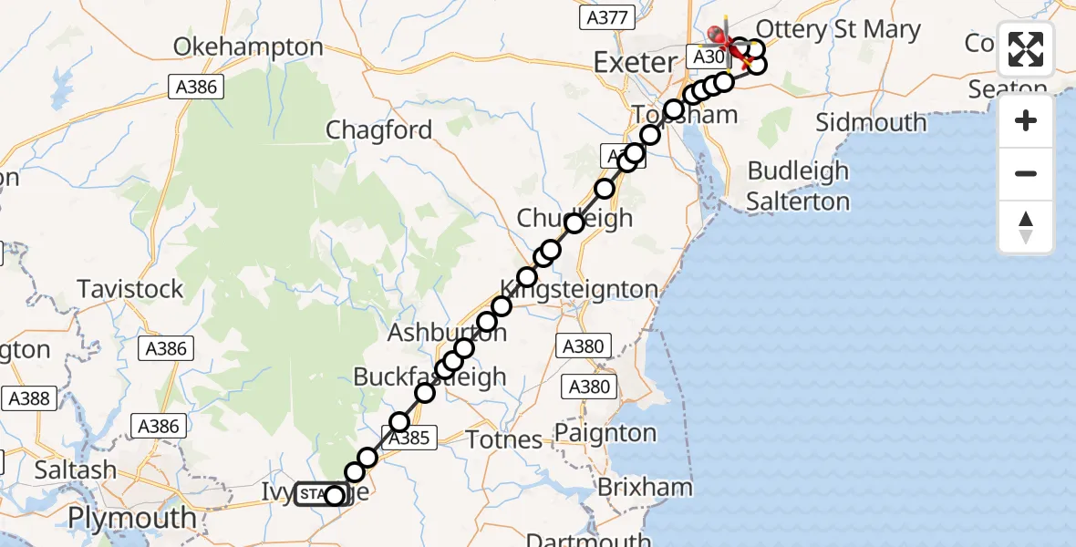 Flight route Air Ambulance Helicopter Ivybridge - Exeter International Airport, 09 June 2026, 12:33