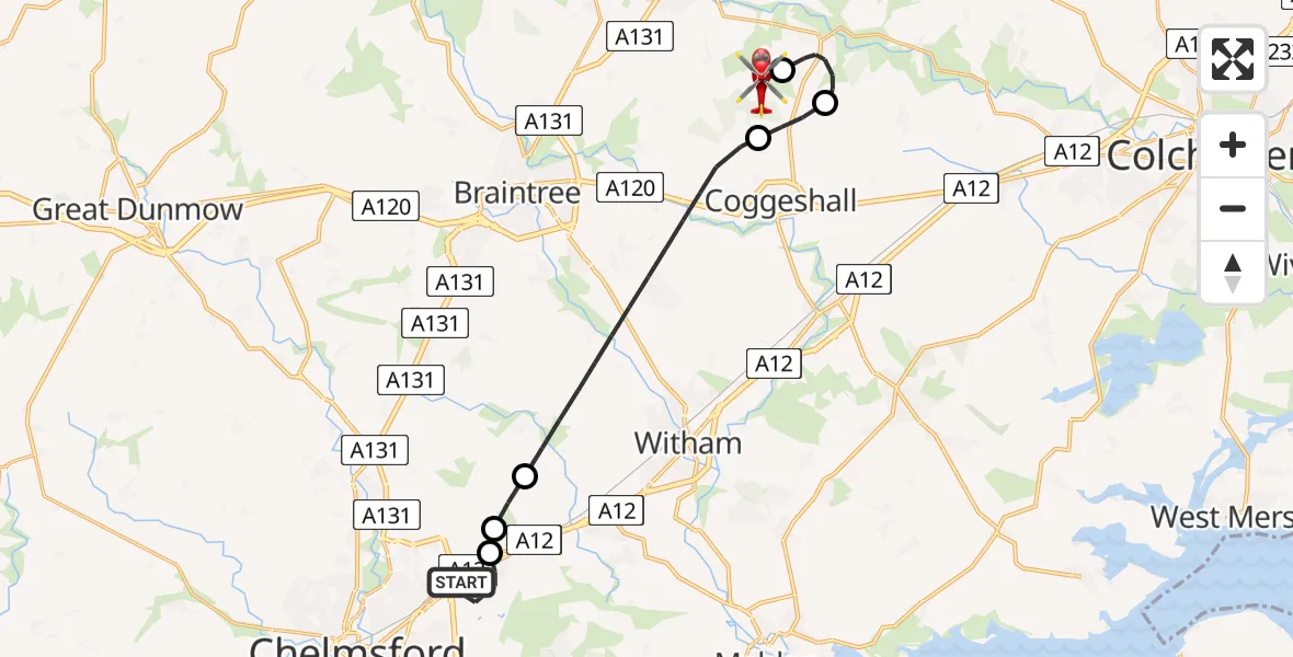 Flight route Air Ambulance Helicopter Boreham - Earls Colne Airfield, 09 June 2026, 12:44
