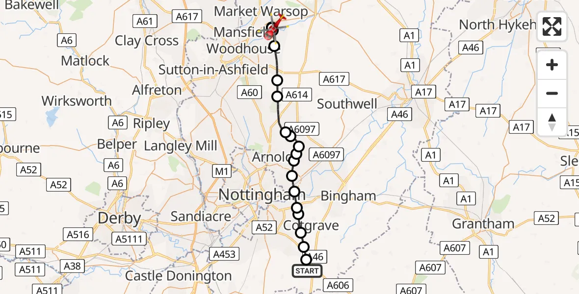 Flight route Air Ambulance Helicopter Widmerpool - Kings Clipstone, 09 June 2026, 12:46