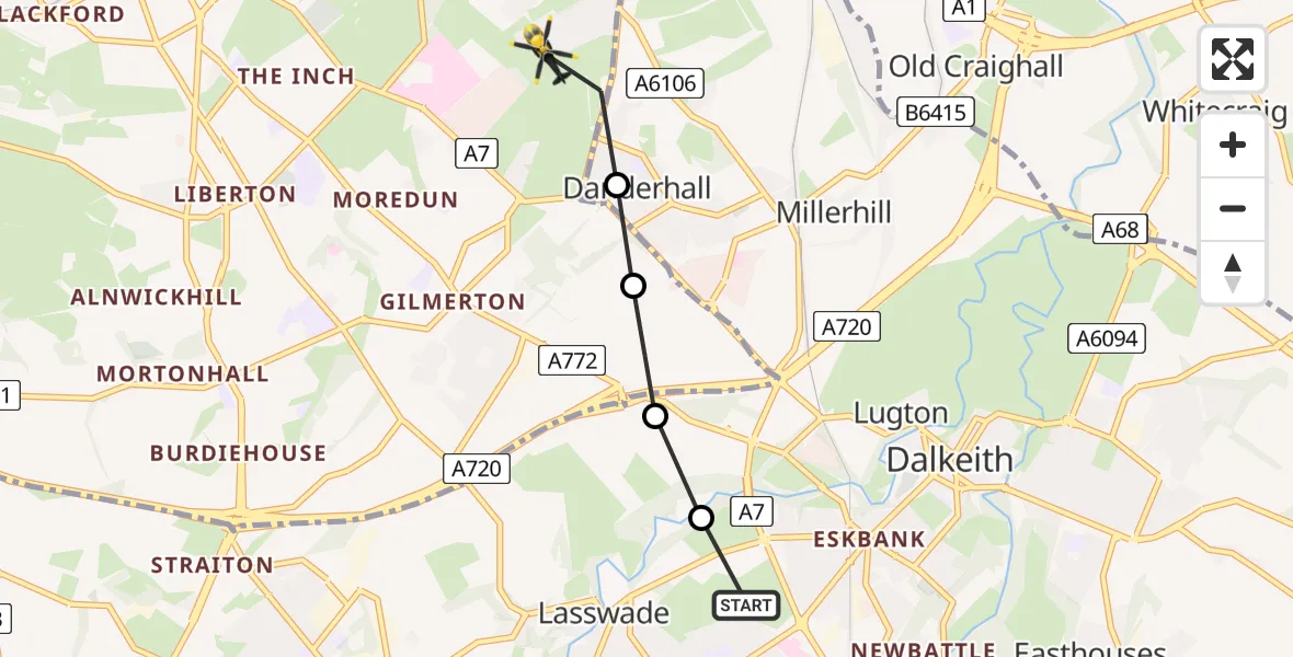 Flight route Police Helicopter Bonnyrigg - Danderhall, 09 June 2026, 12:57