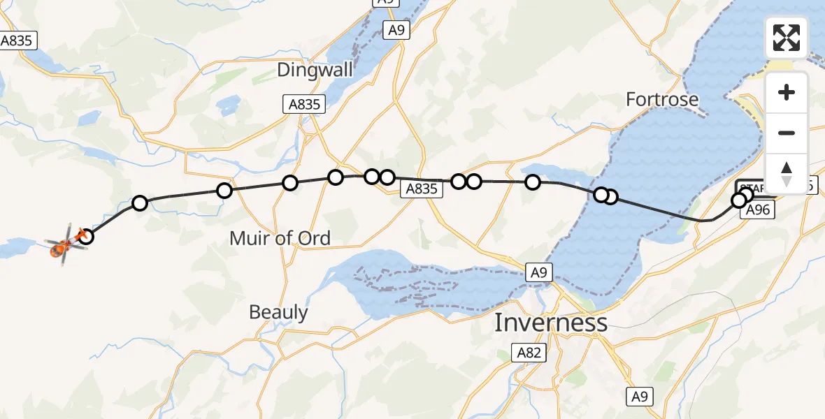 Flight route Coastguard Helicopter Inverness Airport - Highland, 09 June 2026, 13:01
