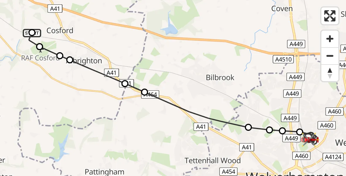 Flight route Air Ambulance Helicopter RAF Cosford - Park Village, 09 June 2026, 13:01
